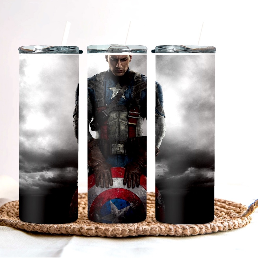 Captain America inspired stainless steel tumbler with lid and straw.